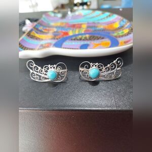 Vintage Turquoise & Silver Filigree Earrings Screwback Signed